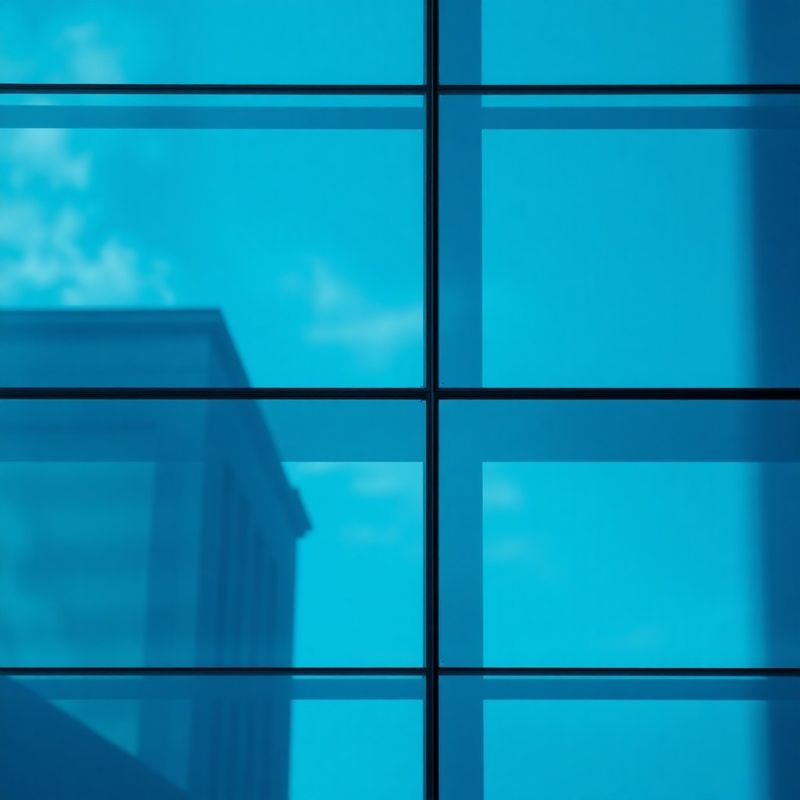 Glass building facade reflecting azure sky and geometric grid lines