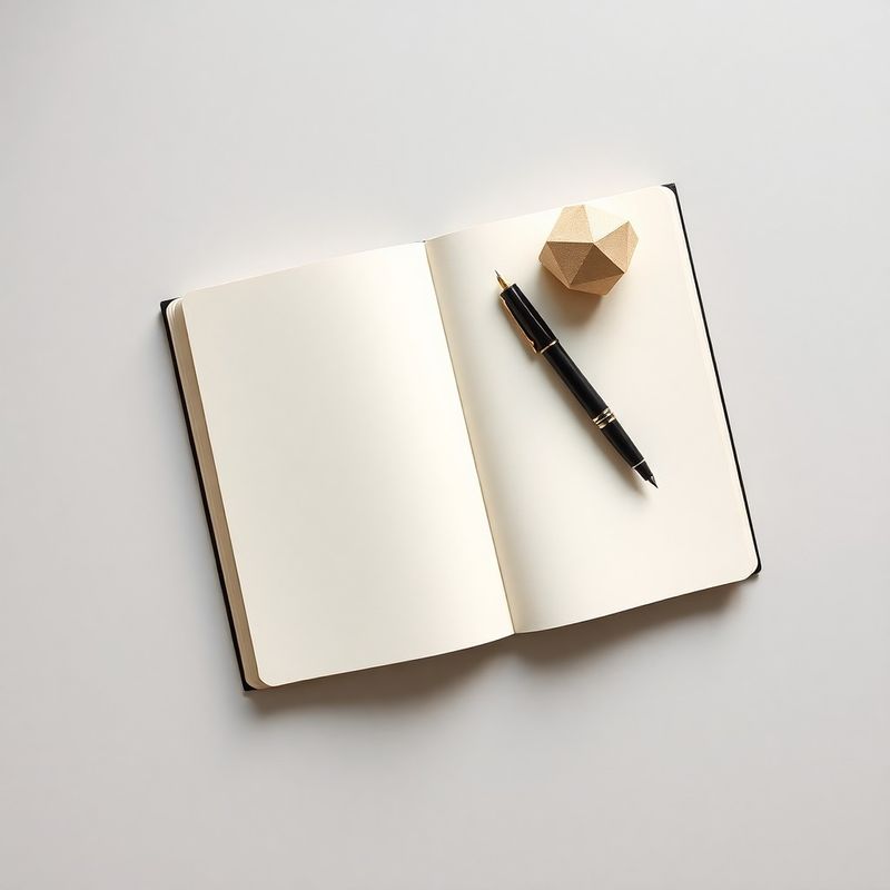 Clean desk with an open notebook, a fountain pen, and a small geometric paperweight