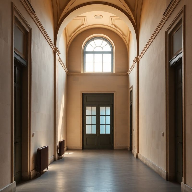 Classical Central European hallway with soft warm light through tall arched windows