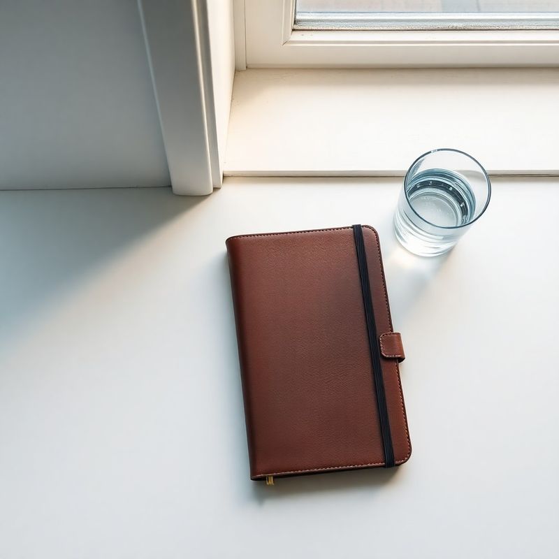 Clean white desk with a closed leather notebook and a glass of water in azure window light