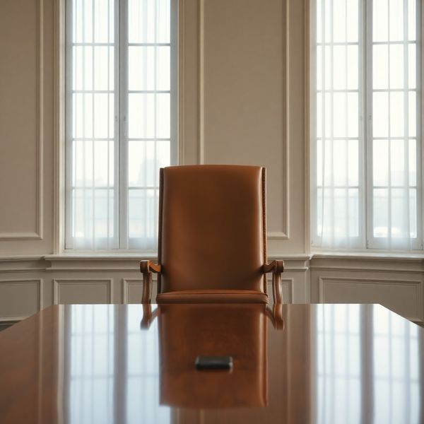 Empty high-backed leather chair at the head of a polished conference table in azure light
