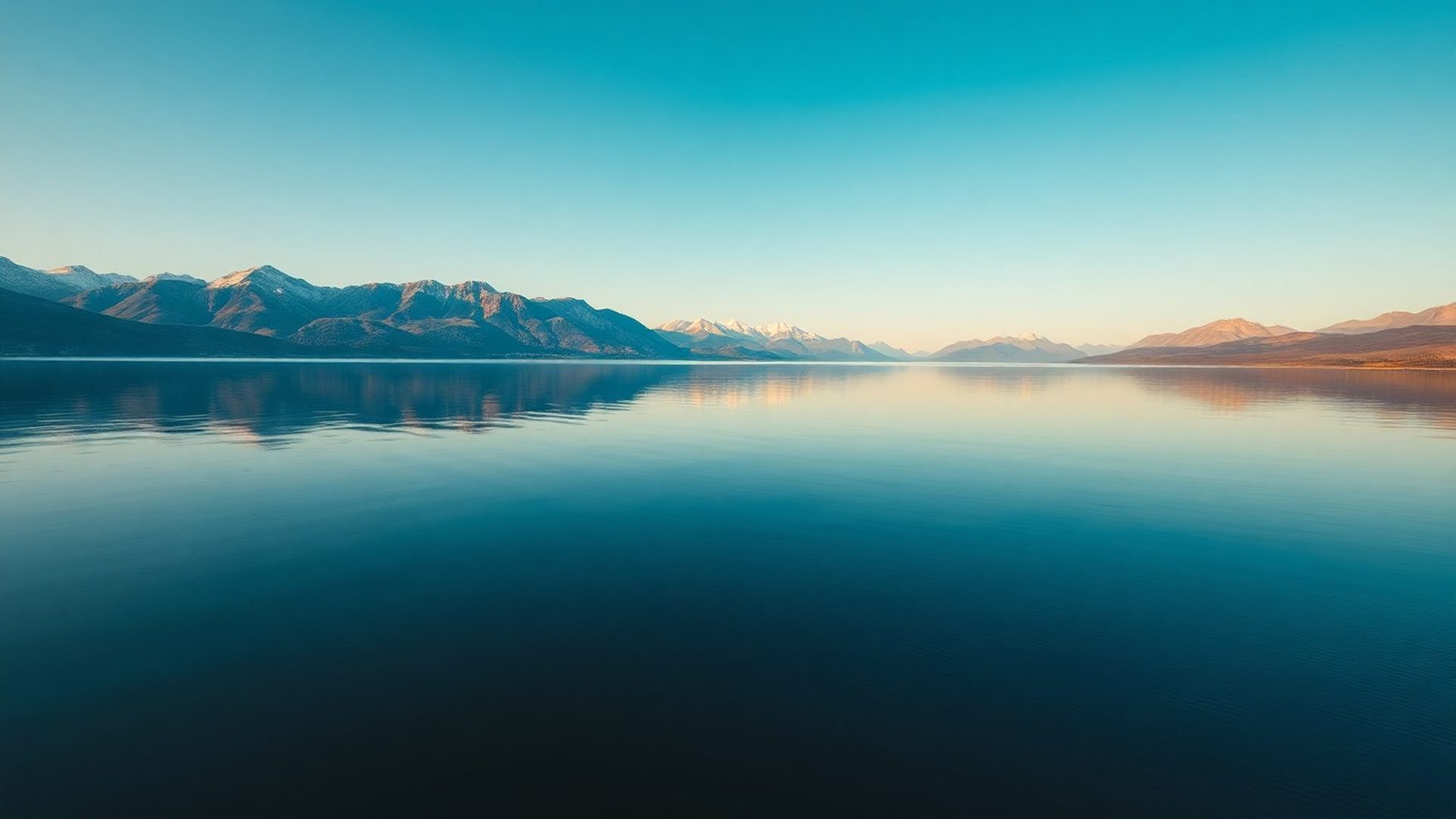 Calm alpine lake reflecting an azure sky at golden hour